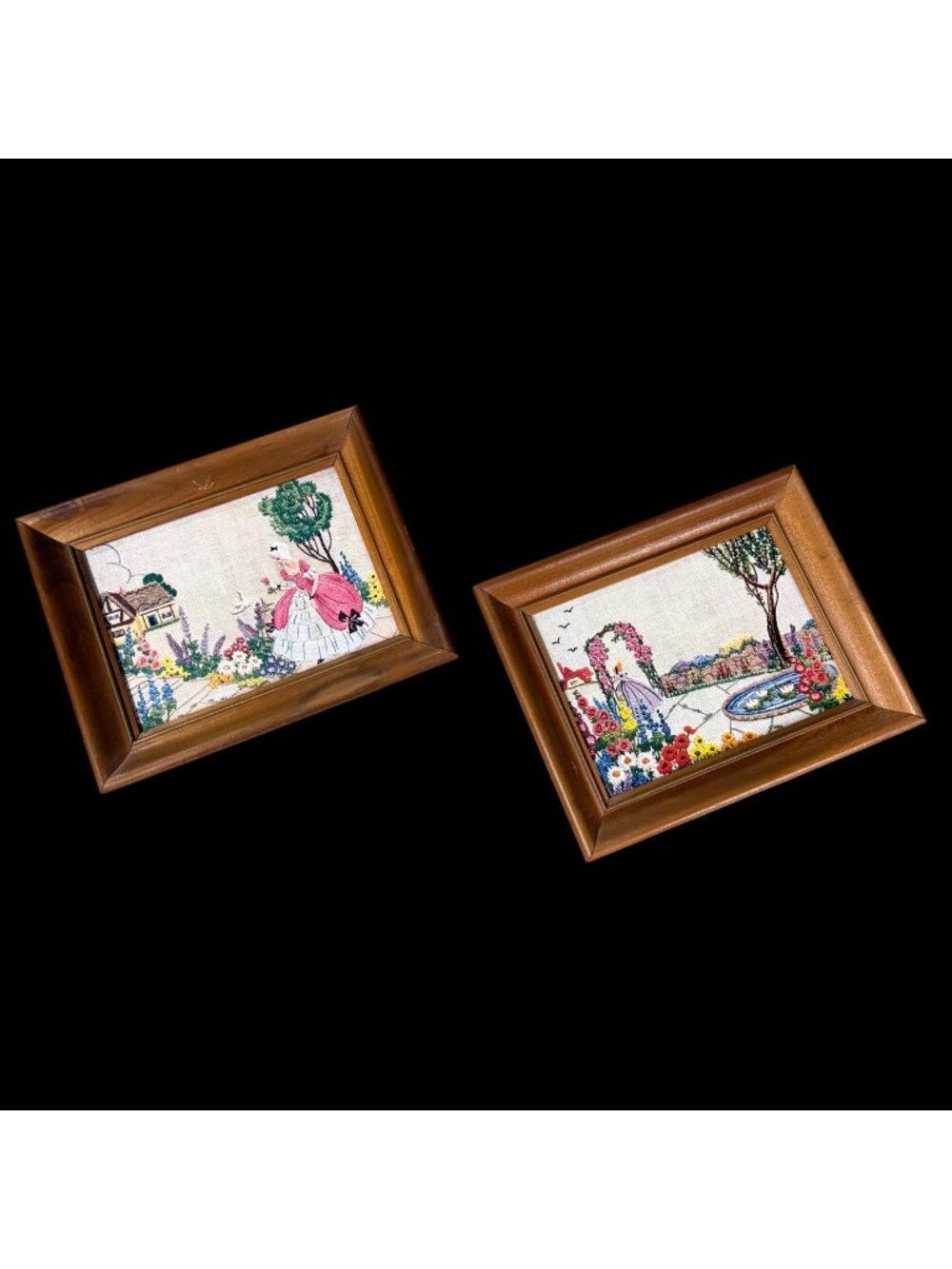 Vintage Floral Prints Wall Art Garden Colonial Lady Wooden Frames Mid Century